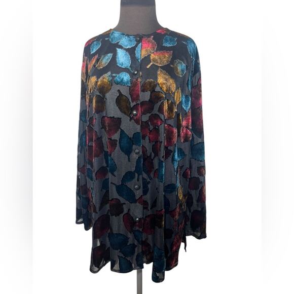 Vtg 90s Burnout Velvet Leaf Colorful Boho Whimsigoth Blouse 1X Fairy Romantic - Picture 1 of 8